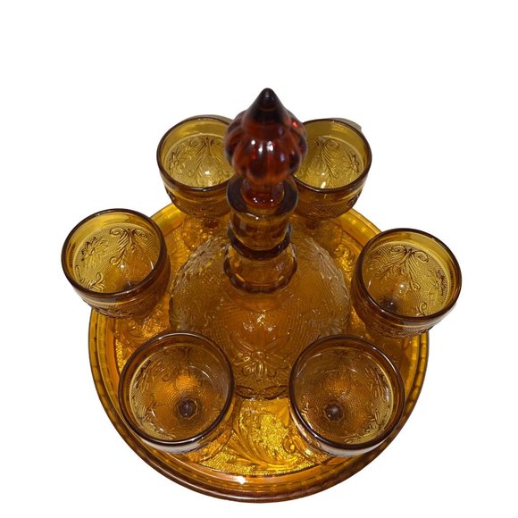 Vintage 9 Pc Decanter Set W/ Tray Indiana Glass Amber Tiara Sandwich Pattern - Picture 5 of 10